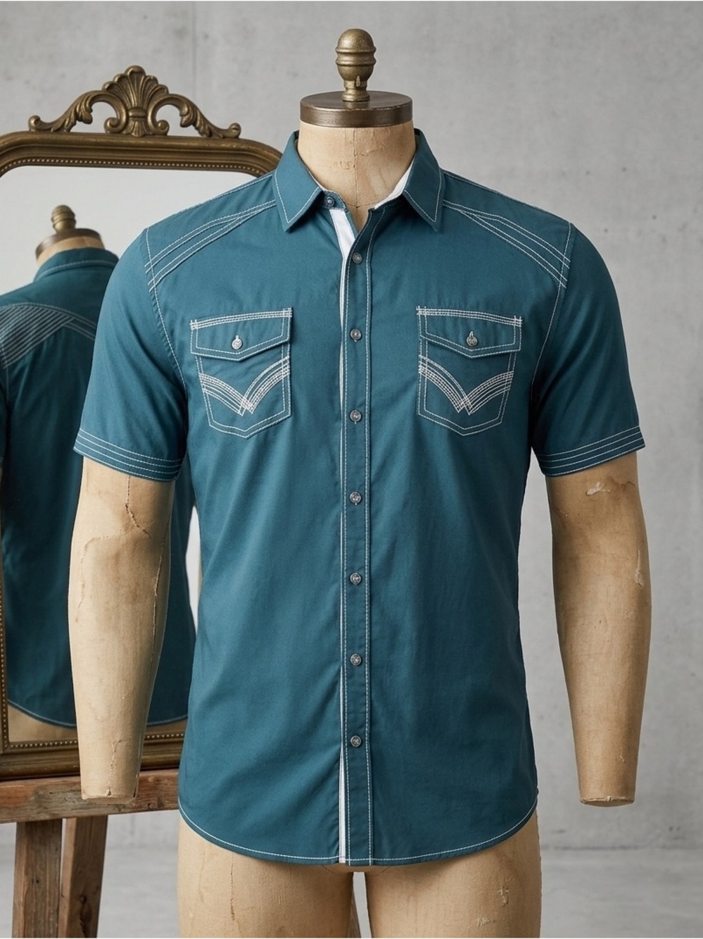Buckle Teal Short-Sleeve Button-Down Shirt with Contrast Stitching